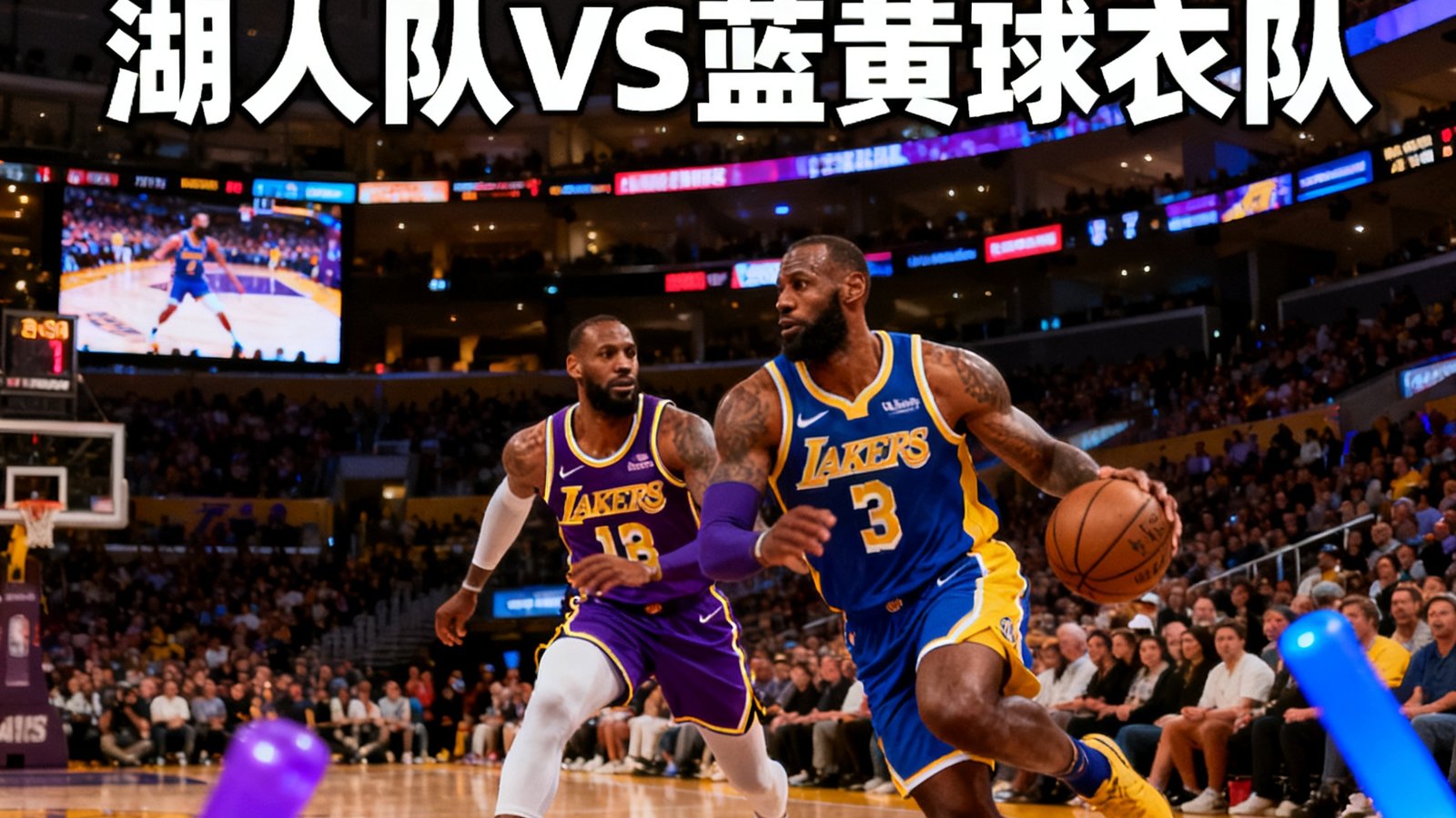 NBA湖人队主场斯台普斯中心，紫金球衣对阵蓝黄球衣的西部强强对话直播